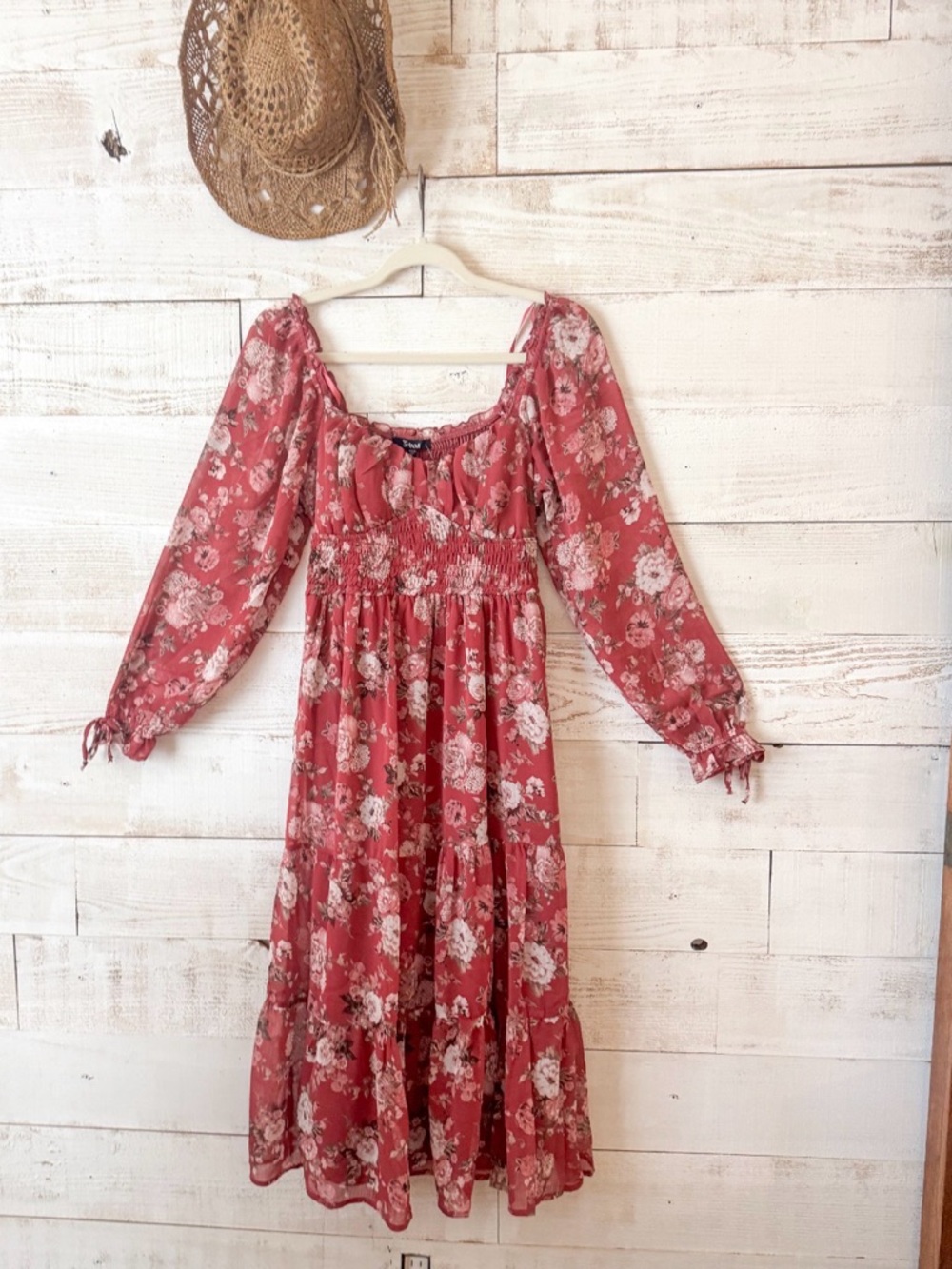 Floral Smocked Waist Long Sleeve Midi Dress - Rose